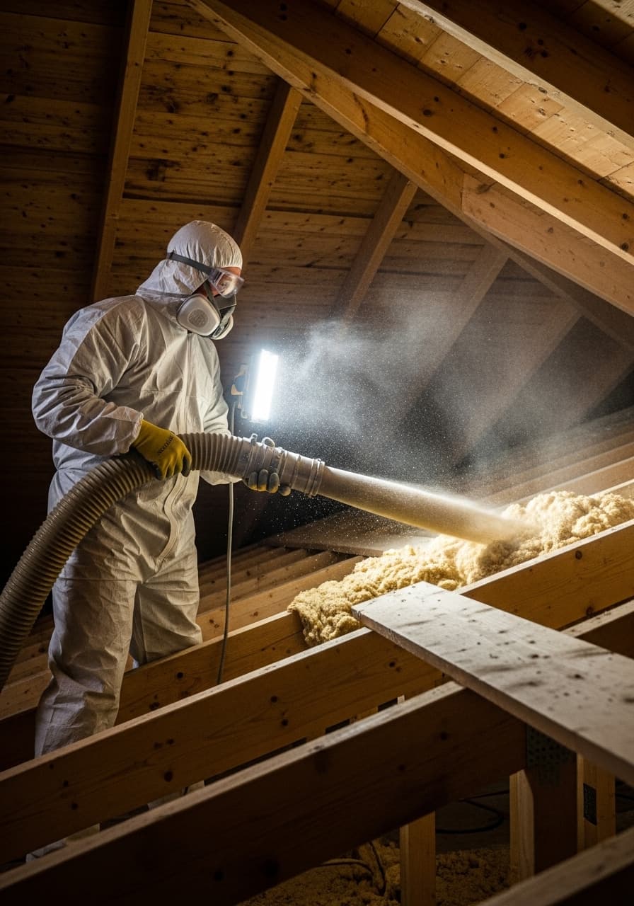 Técnico instalador profesional ejecutando obra de aislamiento